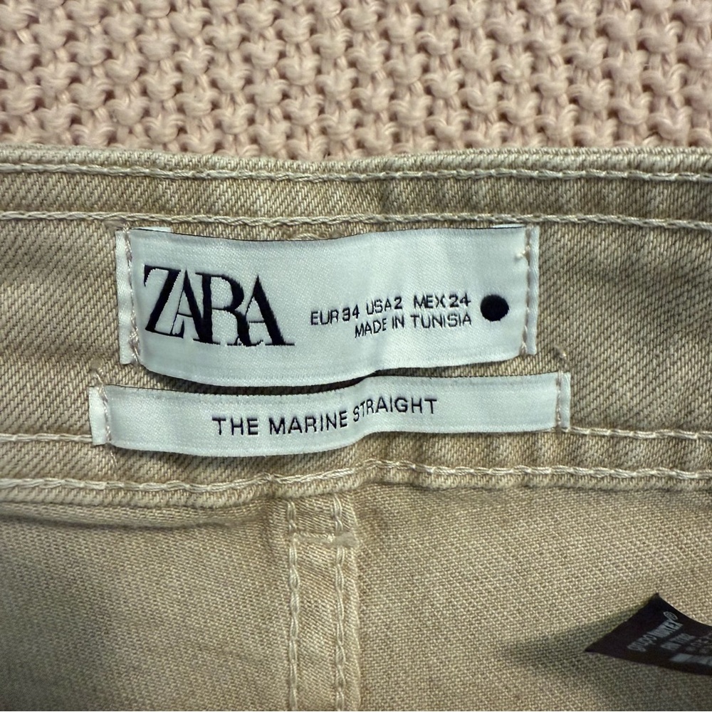 NWT Zara Marine Straight Wide Leg Denim Pants in Khaki Beige Raw Hem size 2 - Picture 7 of 12